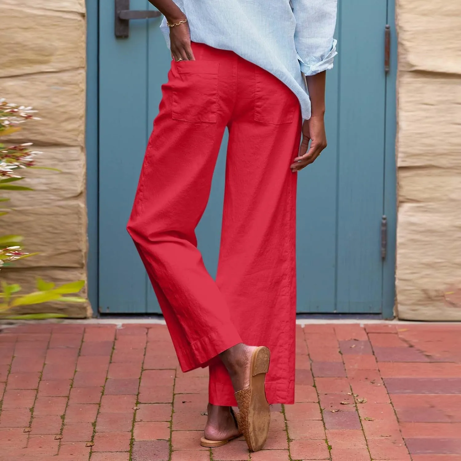GOFULY Linen Pants for Women Casual Wide Straight Leg High Rise Casual Palazzo Pants 2025 Summer Solid Trousers with Pockets