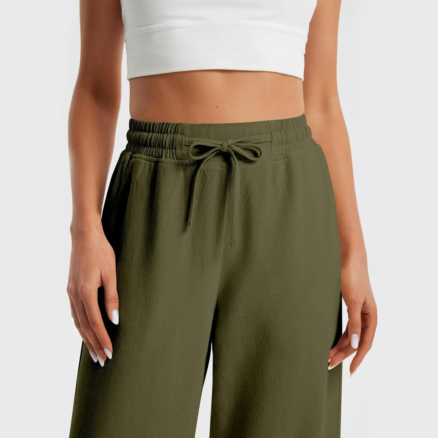 GOFULY Womens Linen Pants Casual Wide Leg 2025 High Rise Pants Drawstring Elastic Waist Summer 2025 Solid Trouser with Pocket