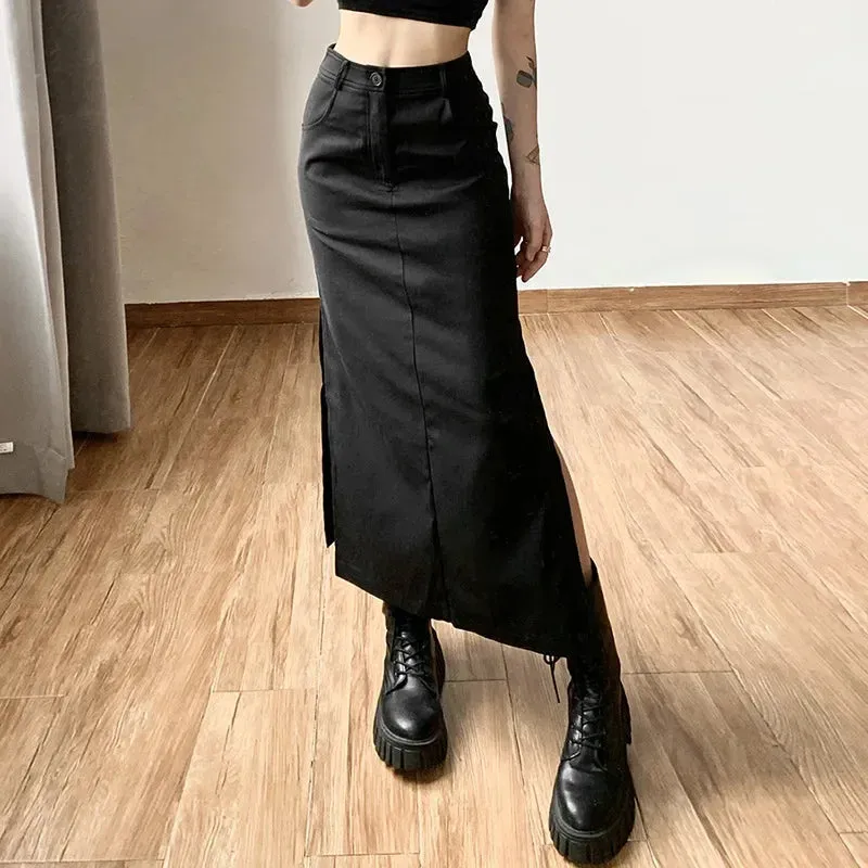 Gothic Punk High Waist Midi Skirt  Edgy & Chic