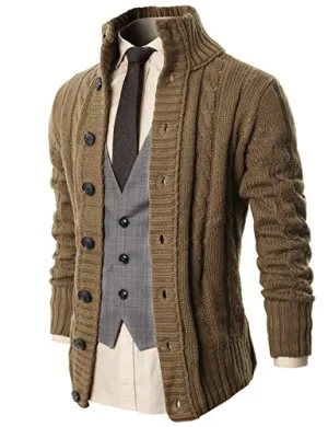 H2H Men's Button Point Stand Collar Knitted Slim Fit Cardigan Sweater BEIGE US 3XL/Asia 4XL (KMOCAL020)