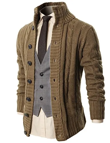 H2H Men's Button Point Stand Collar Knitted Slim Fit Cardigan Sweater BEIGE US 3XL/Asia 4XL (KMOCAL020)