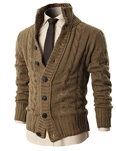 H2H Men's Button Point Stand Collar Knitted Slim Fit Cardigan Sweater BEIGE US 3XL/Asia 4XL (KMOCAL020)