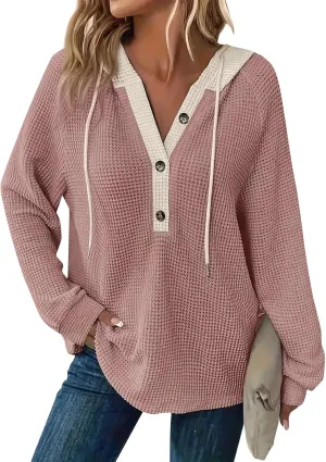Hoodies for Women Waffle Knit Long Sleeve Drawstring Button V Neck Casual Pullover Sweatshirt Hooded Fall Tops 2024