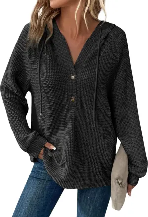 Hoodies for Women Waffle Knit Long Sleeve Drawstring Button V Neck Casual Pullover Sweatshirt Hooded Fall Tops 2024