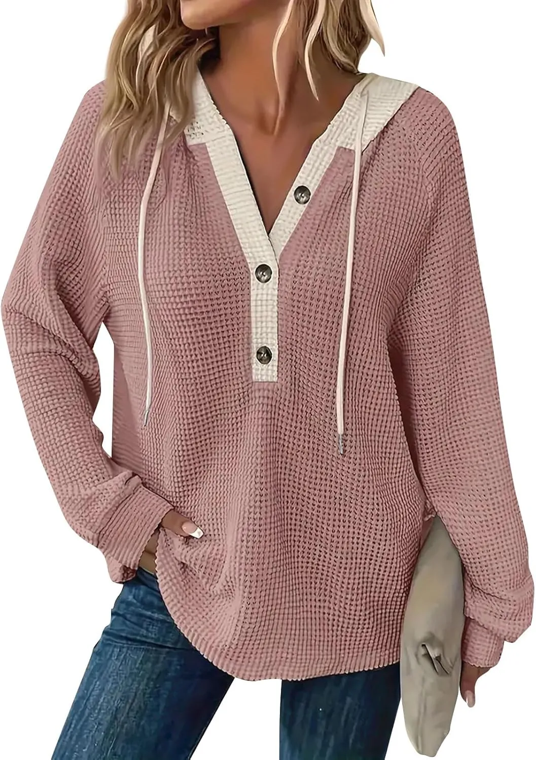 Hoodies for Women Waffle Knit Long Sleeve Drawstring Button V Neck Casual Pullover Sweatshirt Hooded Fall Tops 2024