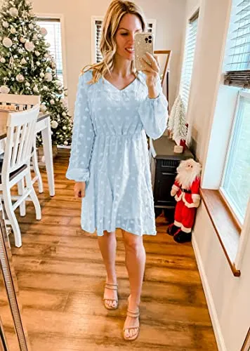 KIRUNDO 2023 Spring Summer Women's Dress Long Sleeve V Neck Flowy Mini Dress Swiss Dot High Waist Chiffon Casual Dresses(Style2-Blue, Large)