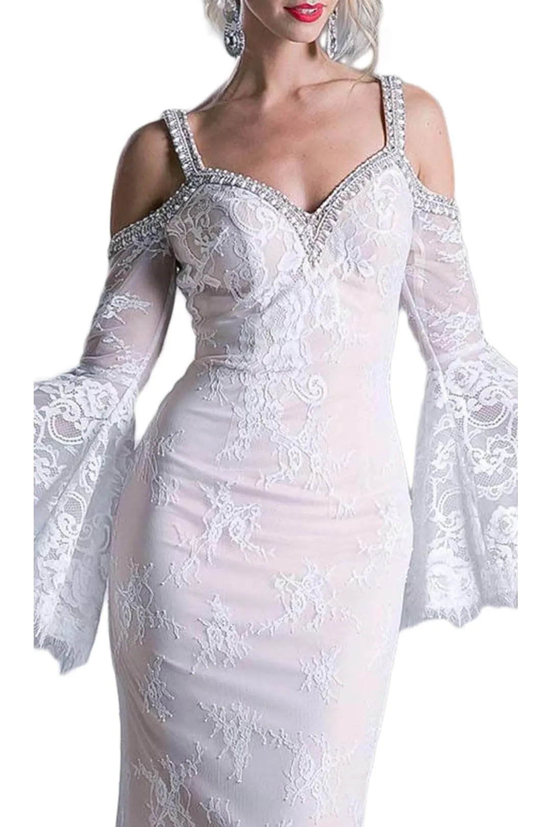 Ladivine 13112 - Sheath Gown with Lace and Bell Sleeves