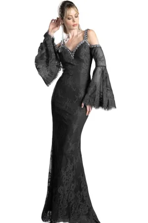 Ladivine 13112 - Sheath Gown with Lace and Bell Sleeves
