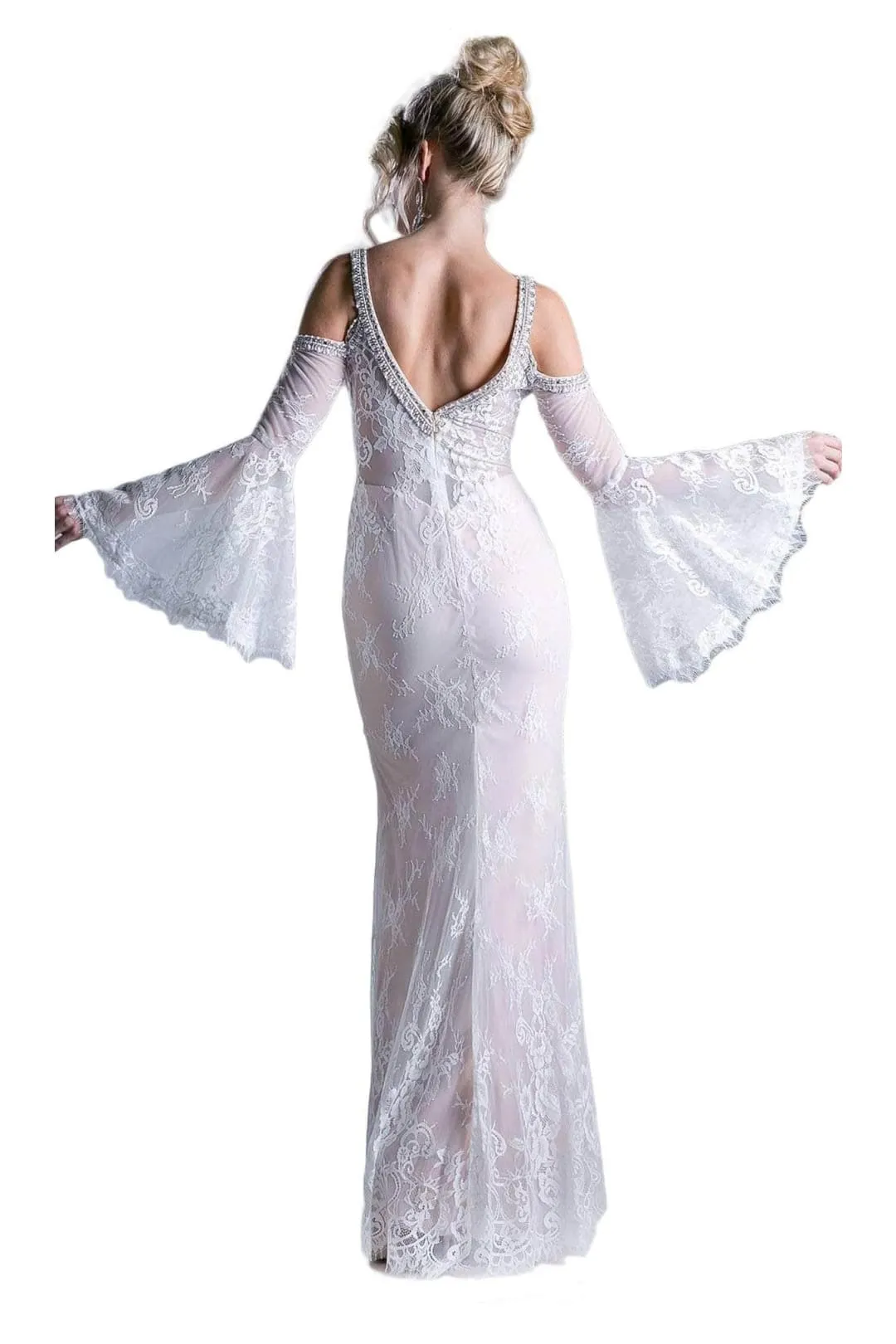 Ladivine 13112 - Sheath Gown with Lace and Bell Sleeves