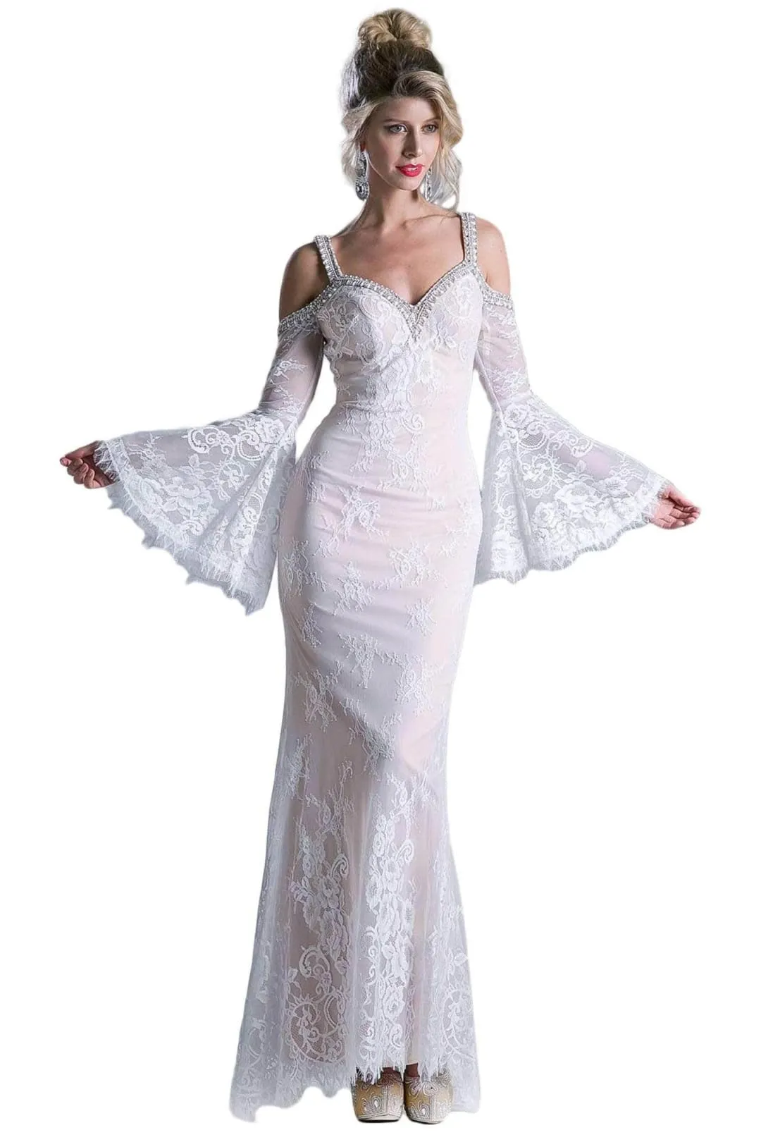 Ladivine 13112 - Sheath Gown with Lace and Bell Sleeves