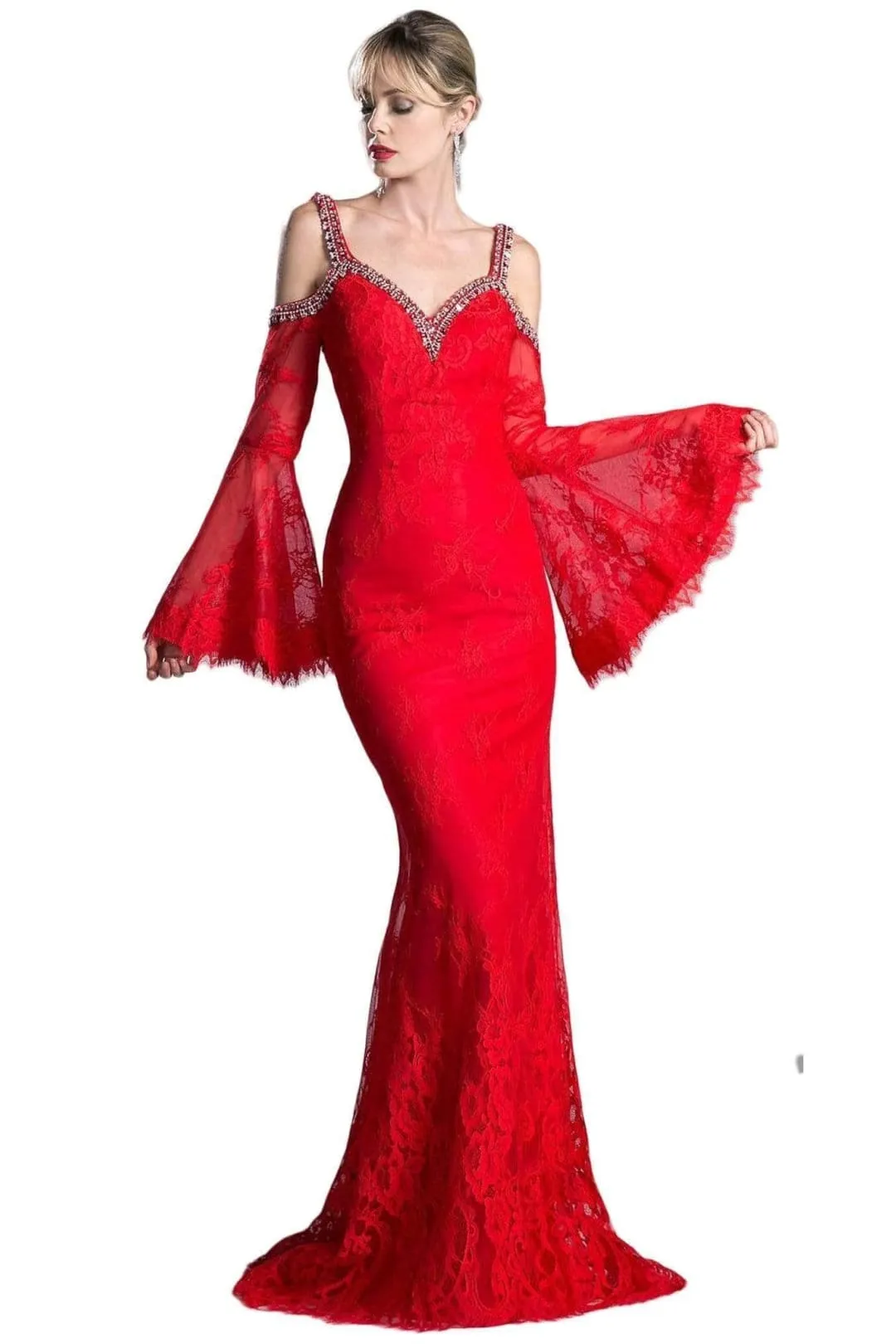 Ladivine 13112 - Sheath Gown with Lace and Bell Sleeves