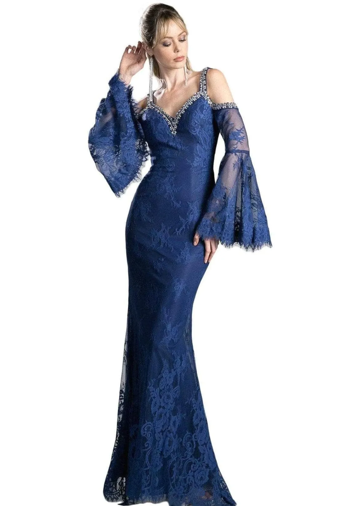 Ladivine 13112 - Sheath Gown with Lace and Bell Sleeves