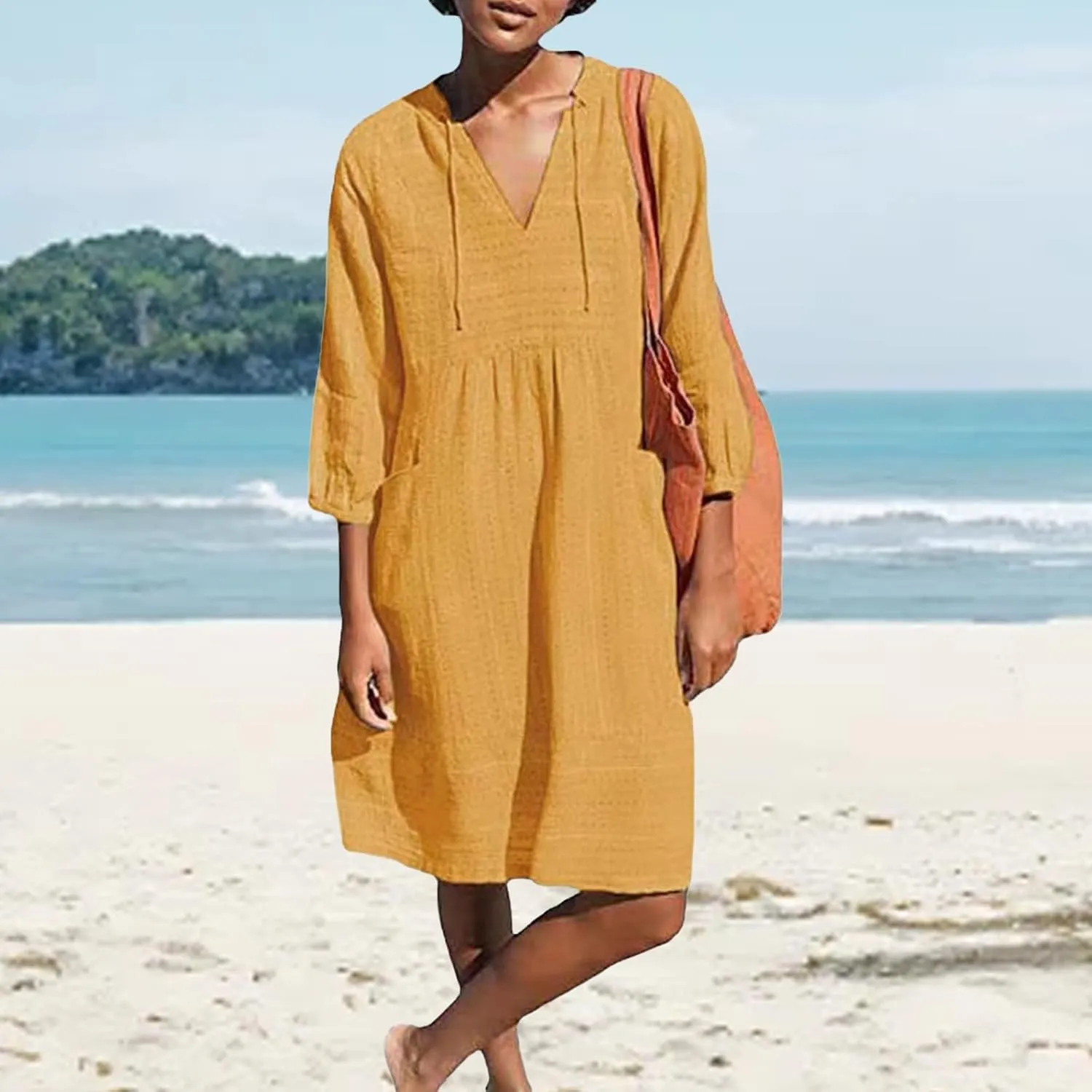 Linen Dresses for Women 2025 Summer Vacation Beach Shift Dress V Neck 3/4 Sleeve Midi Dress Casual Tunic Dresses