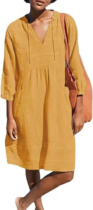 Linen Dresses for Women 2025 Summer Vacation Beach Shift Dress V Neck 3/4 Sleeve Midi Dress Casual Tunic Dresses