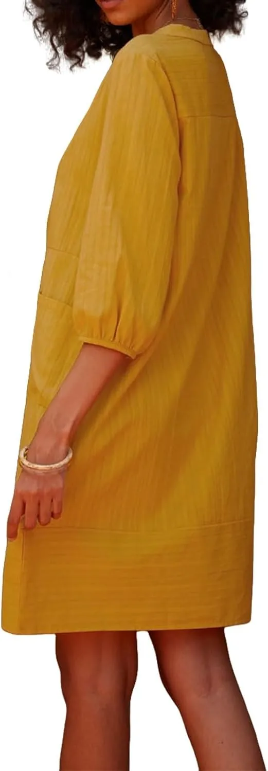 Linen Dresses for Women 2025 Summer Vacation Beach Shift Dress V Neck 3/4 Sleeve Midi Dress Casual Tunic Dresses