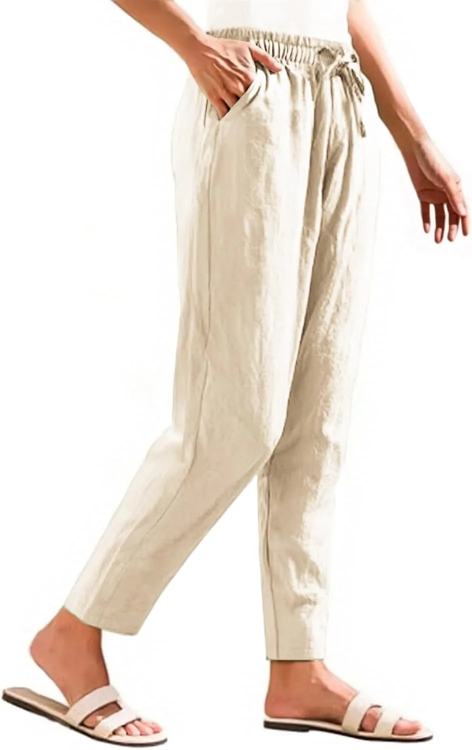 Linen Pants Women Wide Leg Palazzo Pants High Elastic Waisted Lounge Pants with Pockets Drawstring