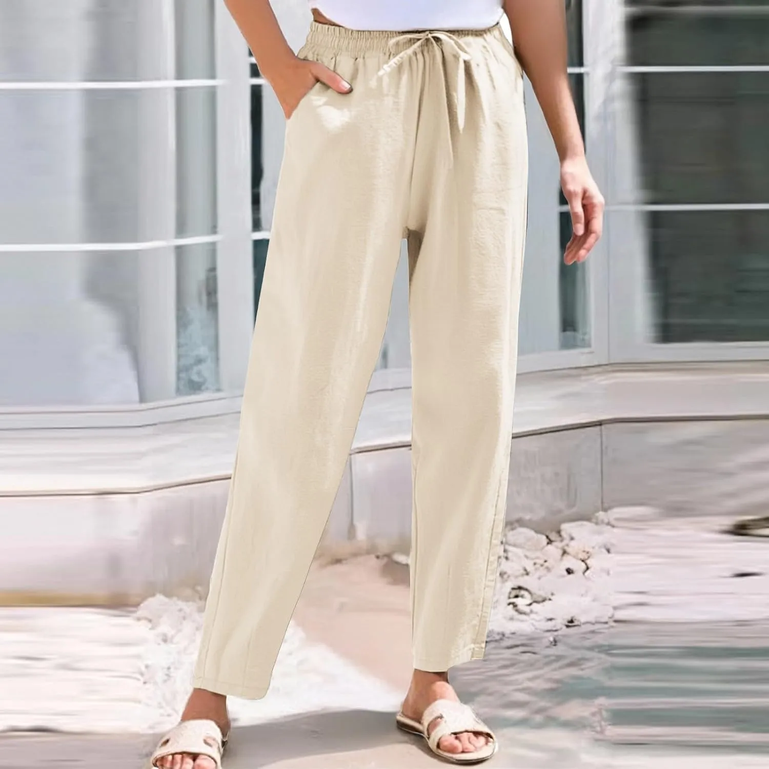 Linen Pants Women Wide Leg Palazzo Pants High Elastic Waisted Lounge Pants with Pockets Drawstring