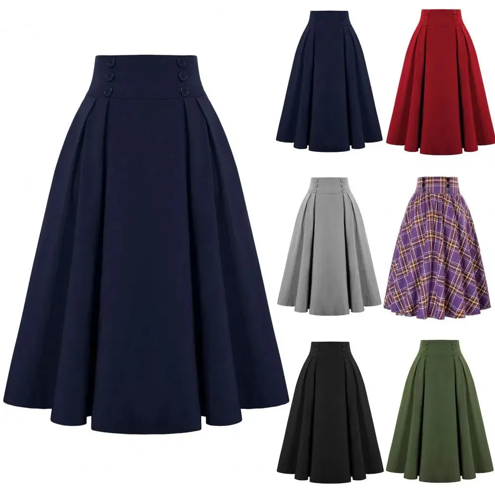 LVSANW Women A-line Skirt Plaid Print A-line Midi Skirt with Elastic High Waist for Women Stylish Contrast Color Hem Mid-calf for Wear