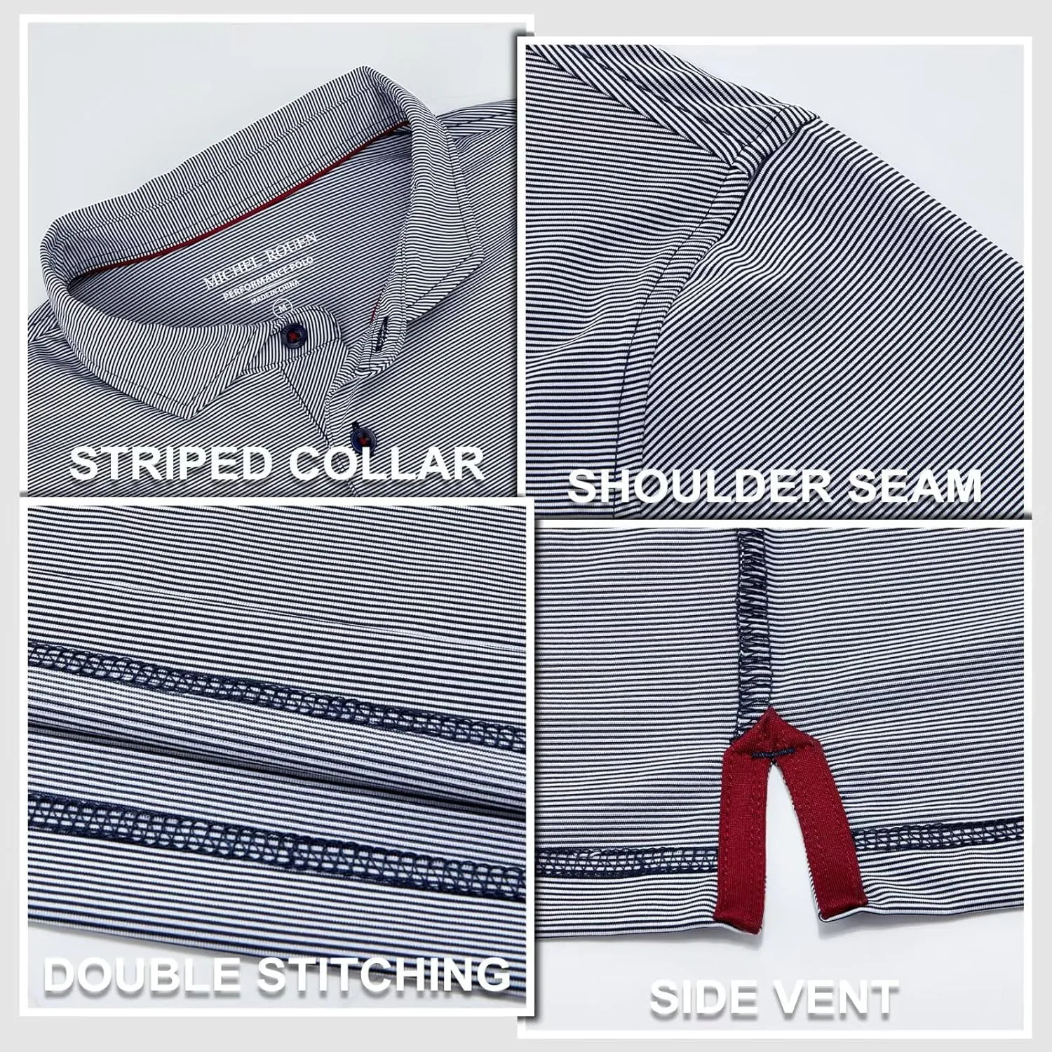MICHEL ROUEN Golf Shirts for Men Short Sleeve Lightweight Quick Dry Pin Striped Casual Collared Polo Shirts