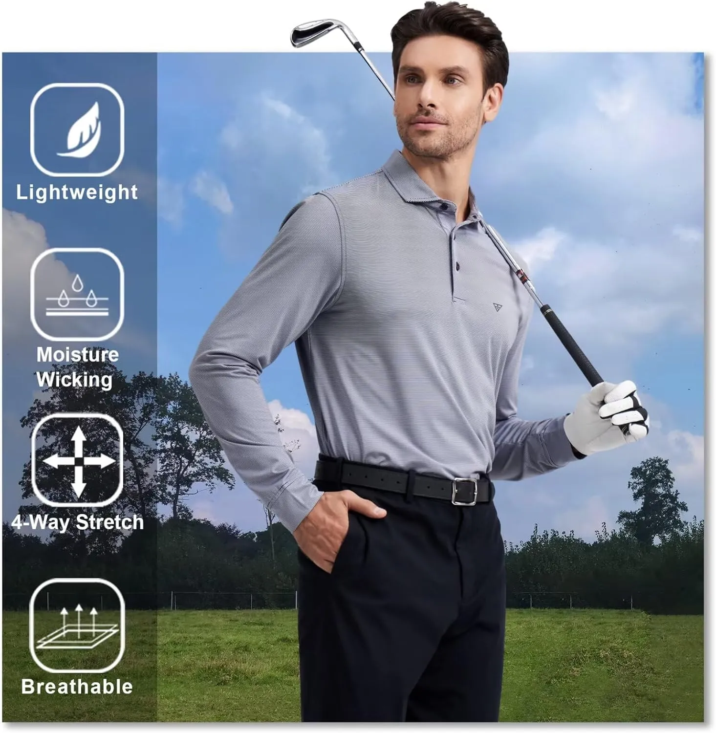 MICHEL ROUEN Golf Shirts for Men Short Sleeve Lightweight Quick Dry Pin Striped Casual Collared Polo Shirts