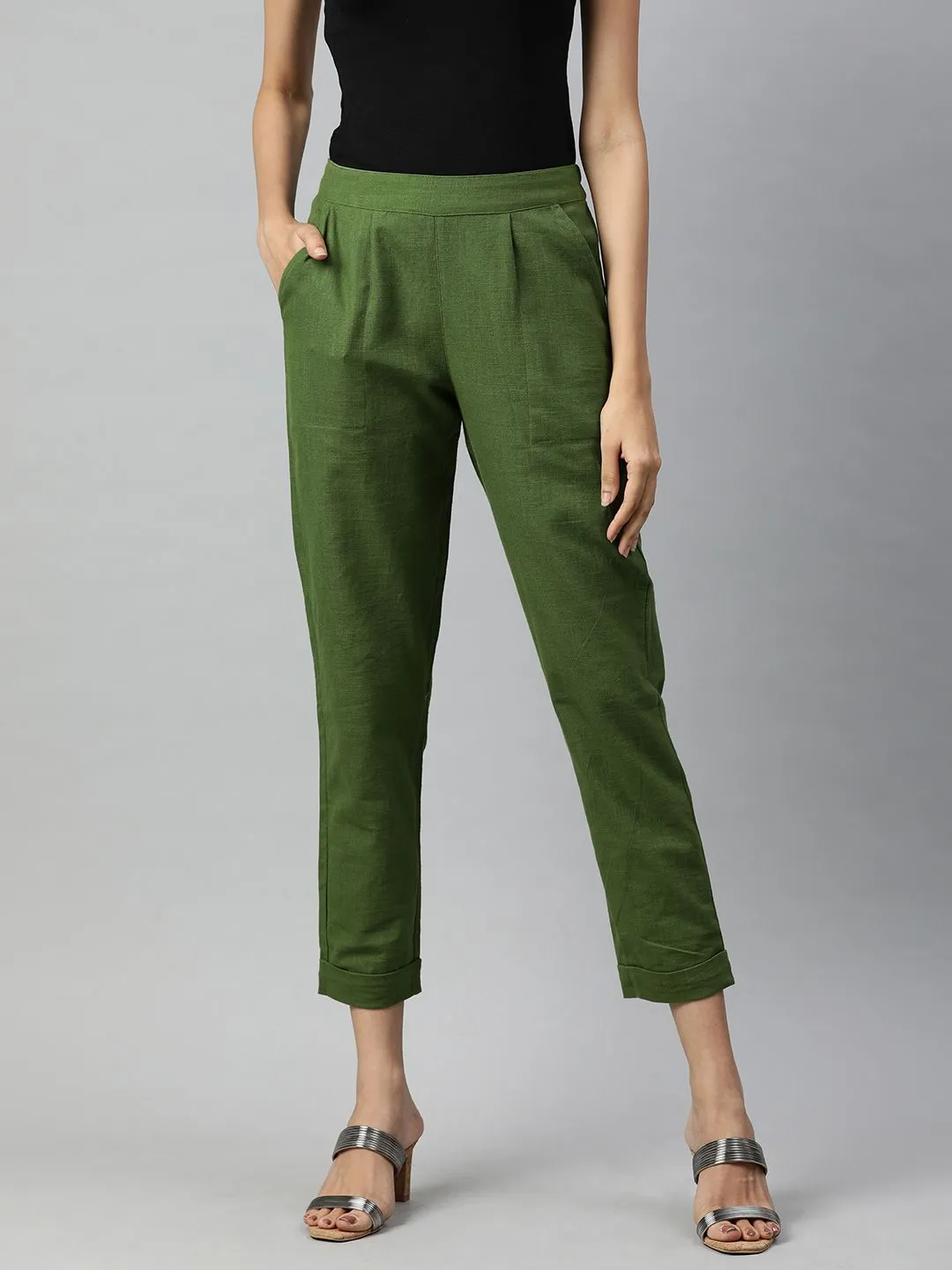 Olive Cotton Slub Bottom-Fold Straight Pants