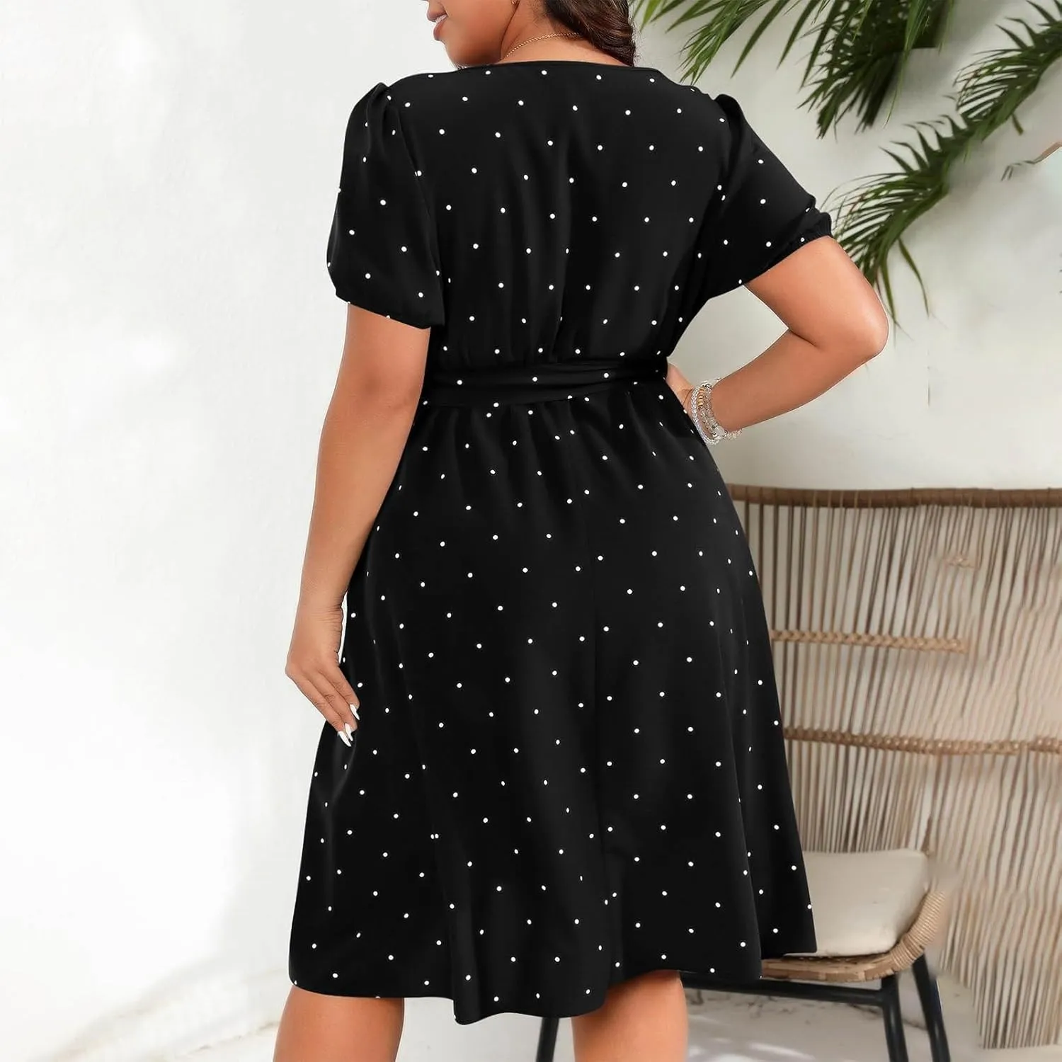 Plus Size Summer Dress for Women Elegant Retro Polka Dot Wasit Tie Dresses Short Sleeve Square Neck Swing Midi Dress