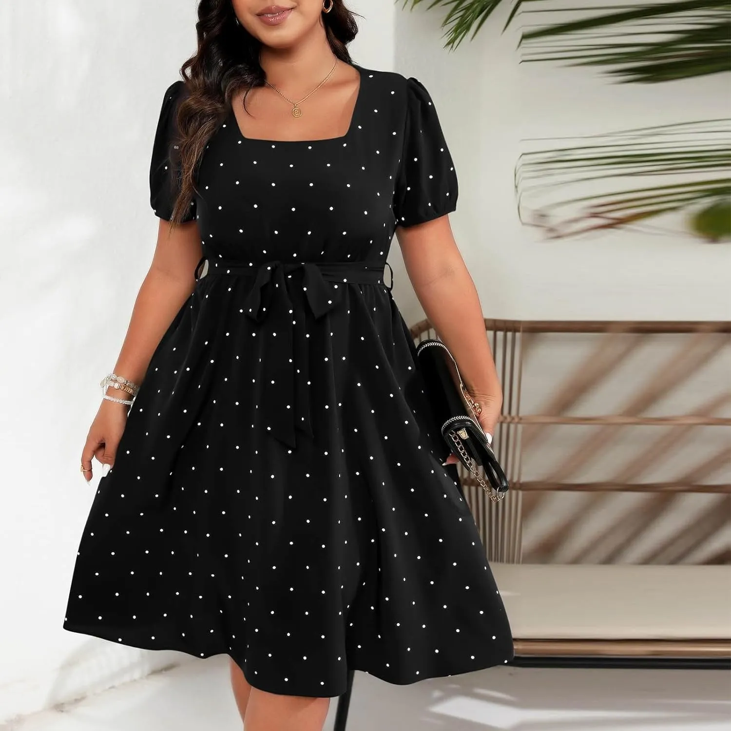 Plus Size Summer Dress for Women Elegant Retro Polka Dot Wasit Tie Dresses Short Sleeve Square Neck Swing Midi Dress