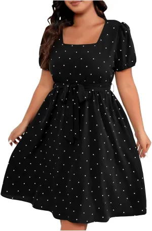 Plus Size Summer Dress for Women Elegant Retro Polka Dot Wasit Tie Dresses Short Sleeve Square Neck Swing Midi Dress