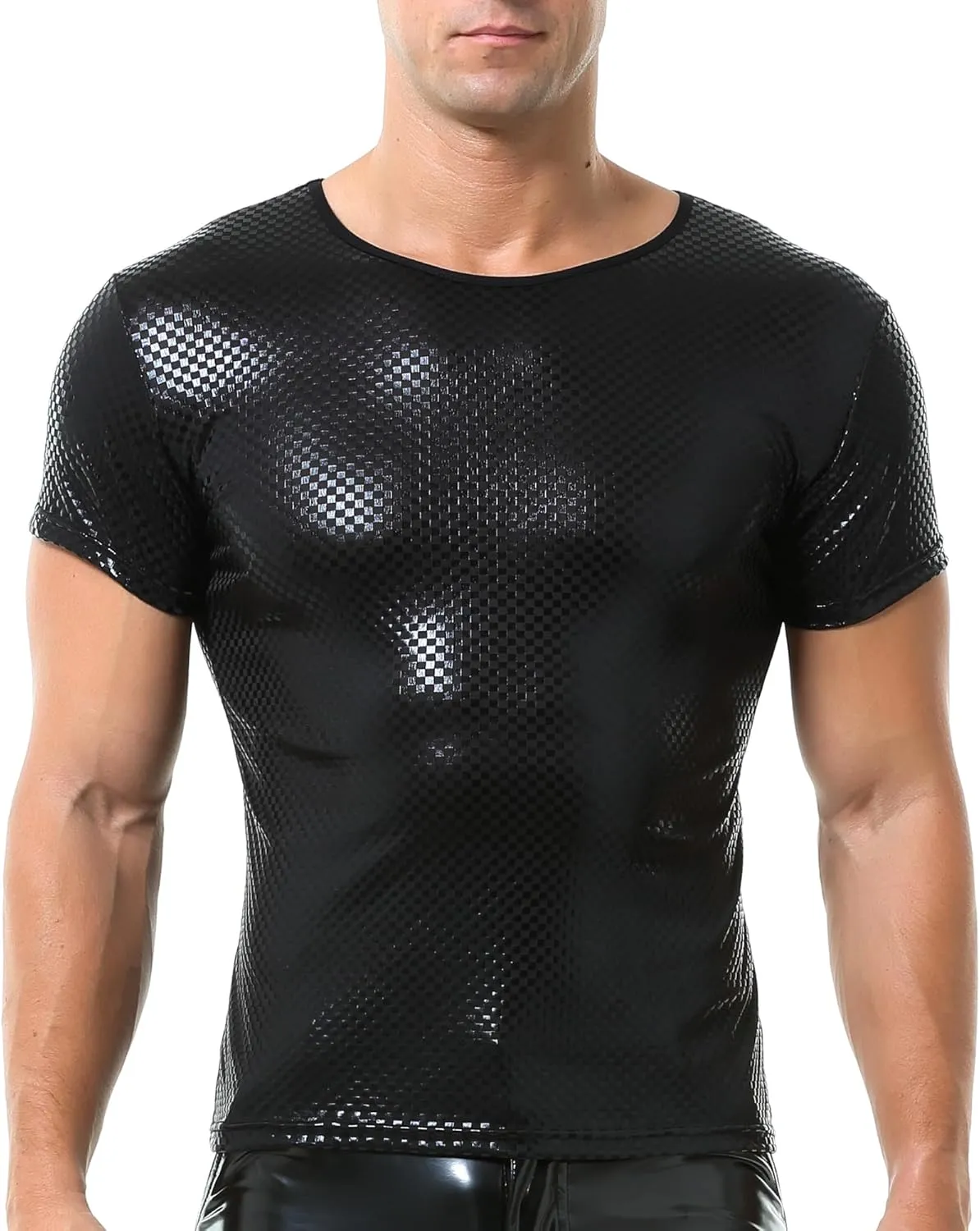 QiaTi Men's Faux Leather Polo Shirts Men Short Slevees Tops with Zipper Muscle Fit Collared Shirts for Casual Workout Shirts