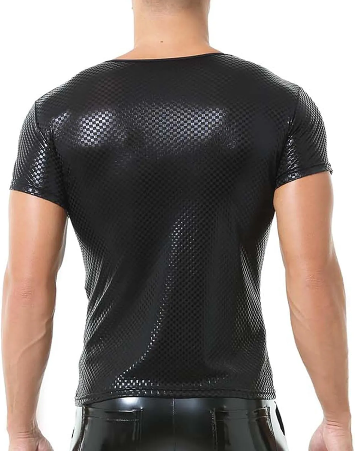 QiaTi Men's Faux Leather Polo Shirts Men Short Slevees Tops with Zipper Muscle Fit Collared Shirts for Casual Workout Shirts