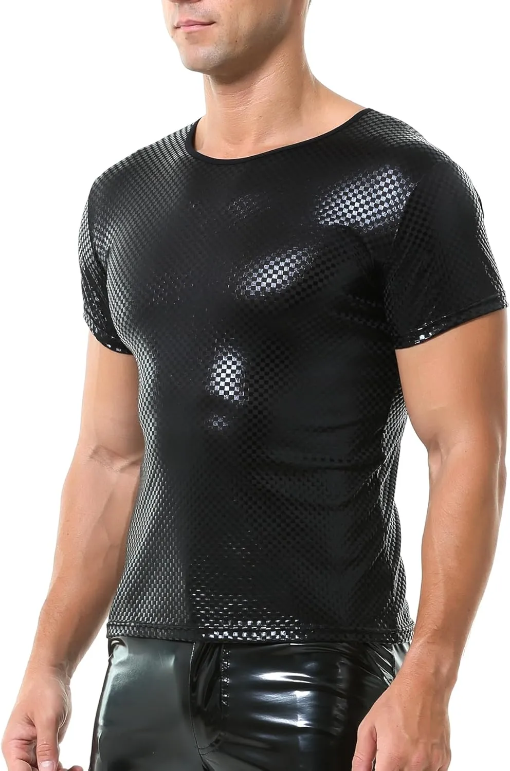 QiaTi Men's Faux Leather Polo Shirts Men Short Slevees Tops with Zipper Muscle Fit Collared Shirts for Casual Workout Shirts