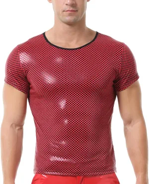 QiaTi Men's Faux Leather Polo Shirts Men Short Slevees Tops with Zipper Muscle Fit Collared Shirts for Casual Workout Shirts