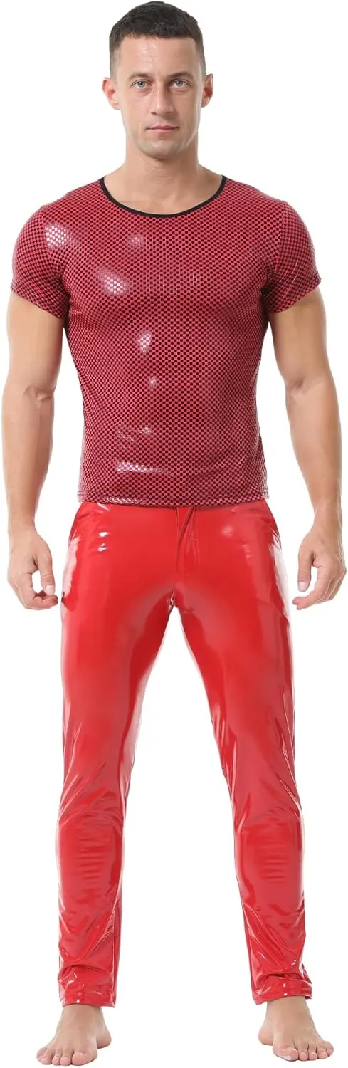 QiaTi Men's Faux Leather Polo Shirts Men Short Slevees Tops with Zipper Muscle Fit Collared Shirts for Casual Workout Shirts