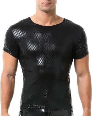 QiaTi Men's Faux Leather Polo Shirts Men Short Slevees Tops with Zipper Muscle Fit Collared Shirts for Casual Workout Shirts