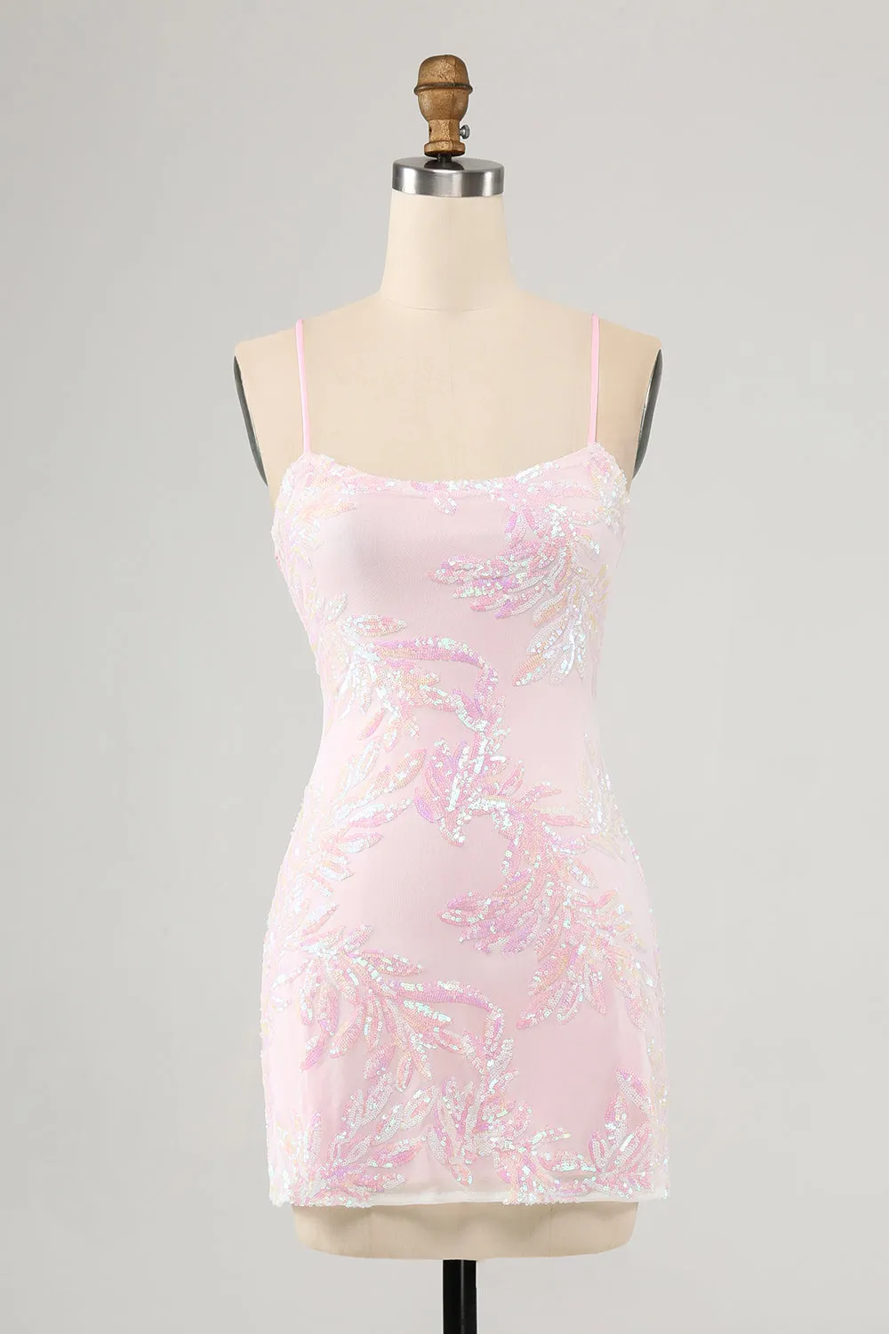 Sparkly Pink Spaghetti Straps Tight Mini Dress with Sequins