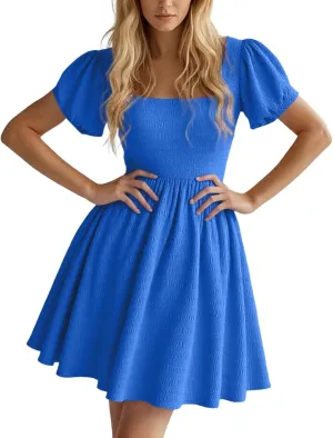 Summer Mini Dress for Women 2025 Puff Sleeve Short Dress Casual Square Neck Sun Dresses Cute Tie Back A-Line Dresses