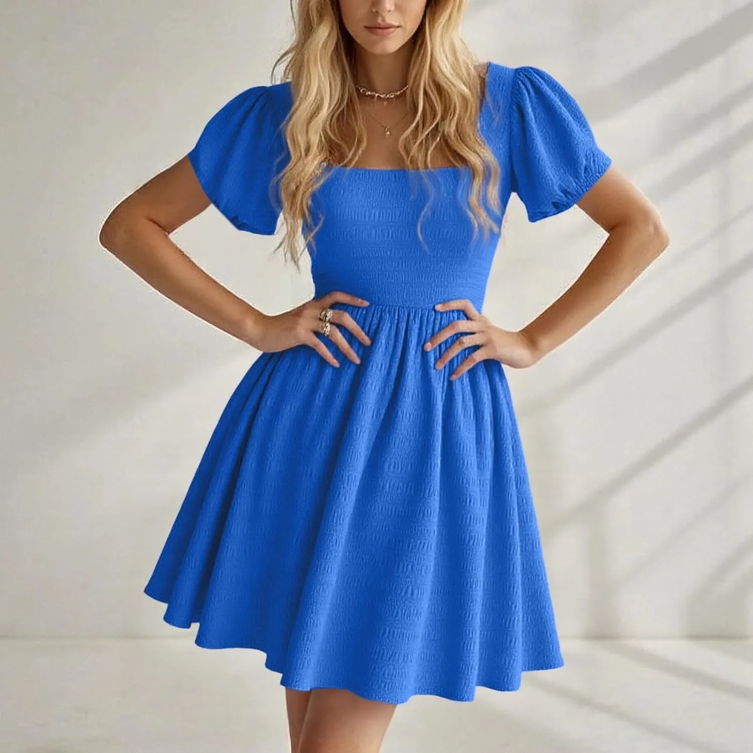 Summer Mini Dress for Women 2025 Puff Sleeve Short Dress Casual Square Neck Sun Dresses Cute Tie Back A-Line Dresses