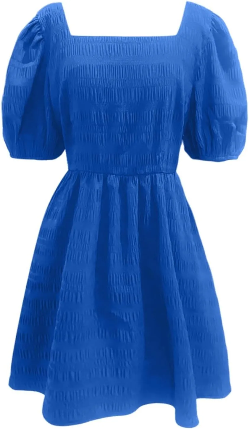Summer Mini Dress for Women 2025 Puff Sleeve Short Dress Casual Square Neck Sun Dresses Cute Tie Back A-Line Dresses