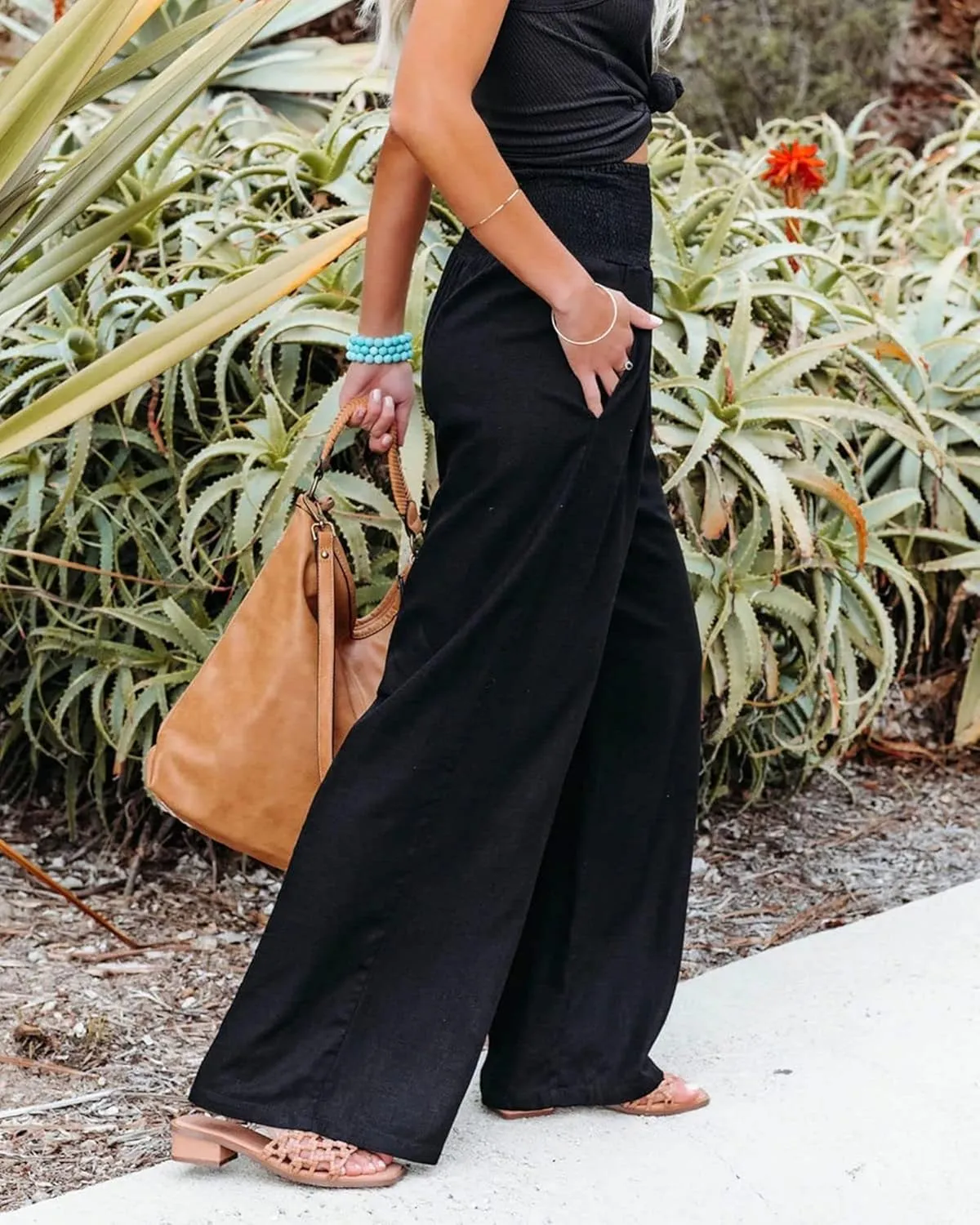 Women Linen Palazzo Pants Summer Elastic High Waisted Wide Leg Long Trousers Lounge Vacation Beach Pant with Pockets