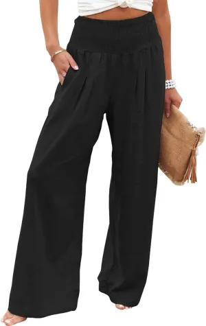 Women Linen Palazzo Pants Summer Elastic High Waisted Wide Leg Long Trousers Lounge Vacation Beach Pant with Pockets