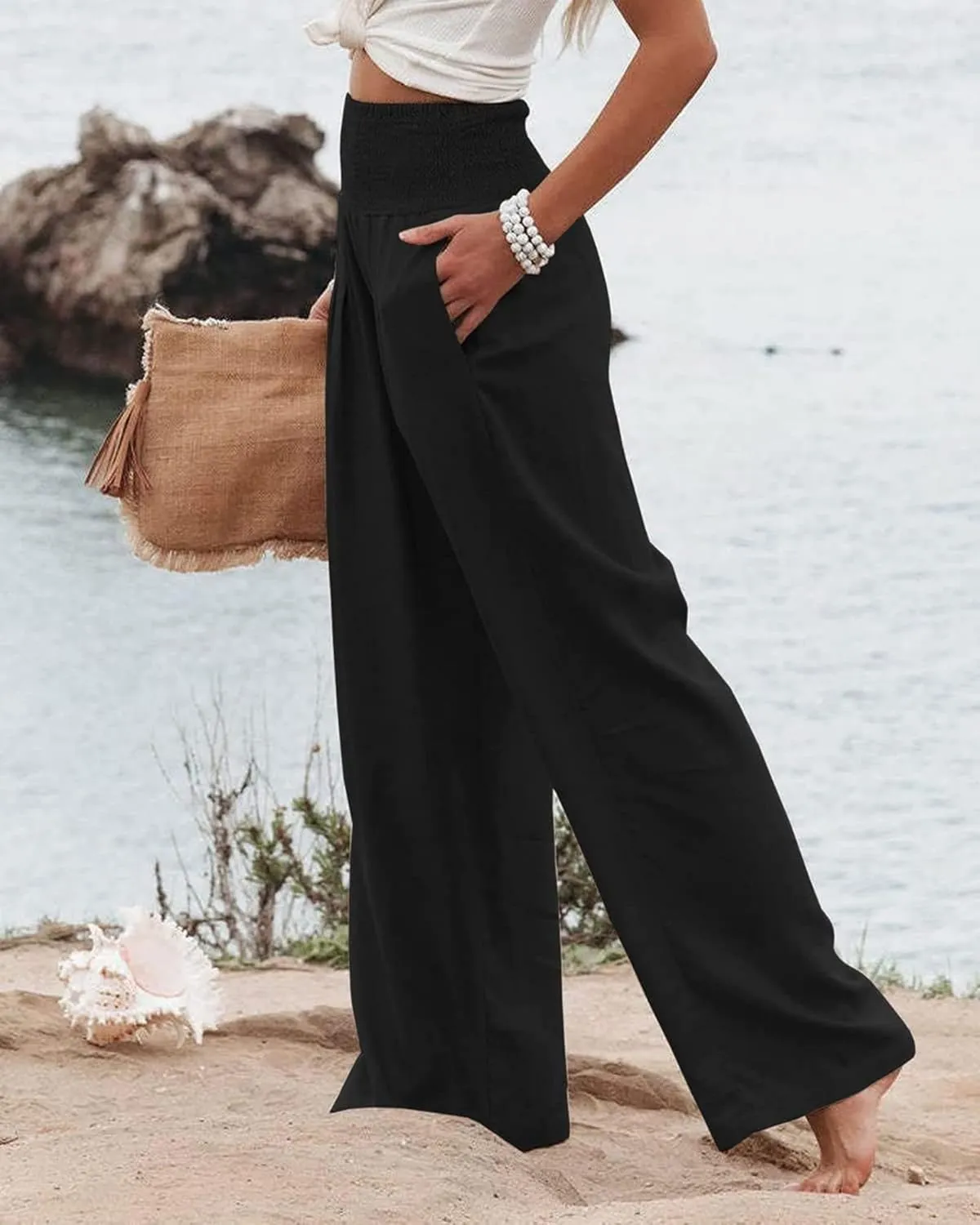 Women Linen Palazzo Pants Summer Elastic High Waisted Wide Leg Long Trousers Lounge Vacation Beach Pant with Pockets
