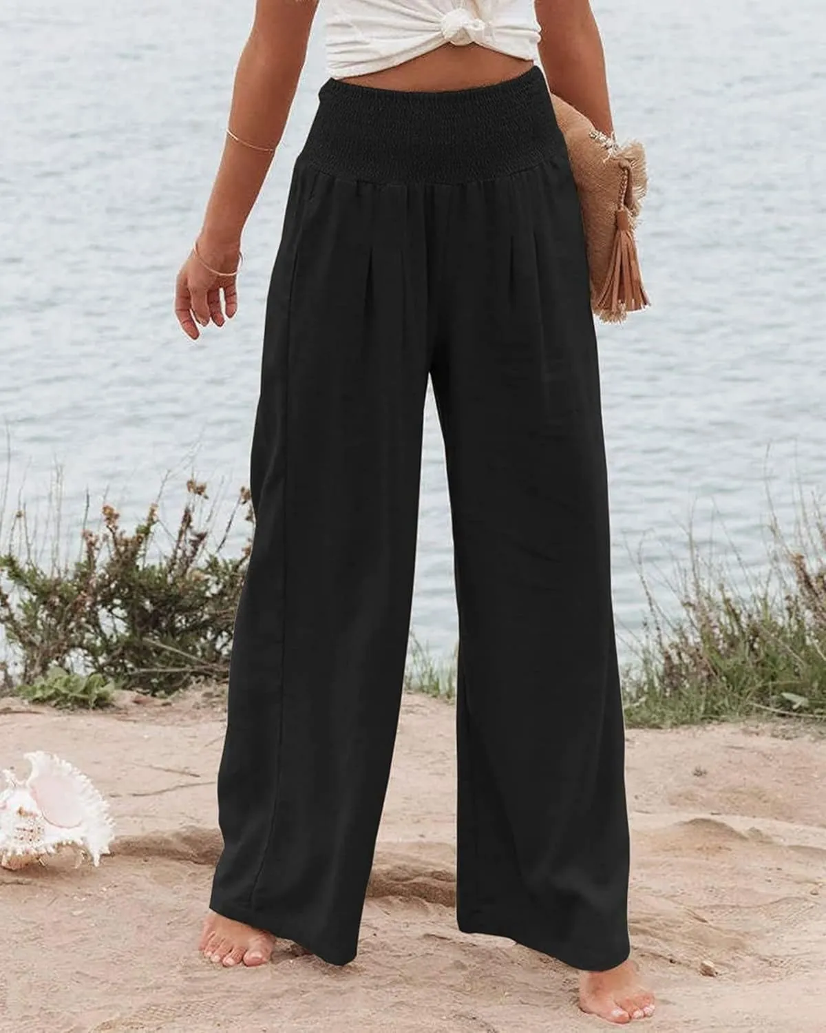 Women Linen Palazzo Pants Summer Elastic High Waisted Wide Leg Long Trousers Lounge Vacation Beach Pant with Pockets