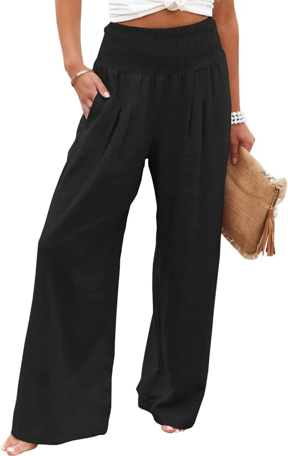 Women Linen Palazzo Pants Summer Elastic High Waisted Wide Leg Long Trousers Lounge Vacation Beach Pant with Pockets