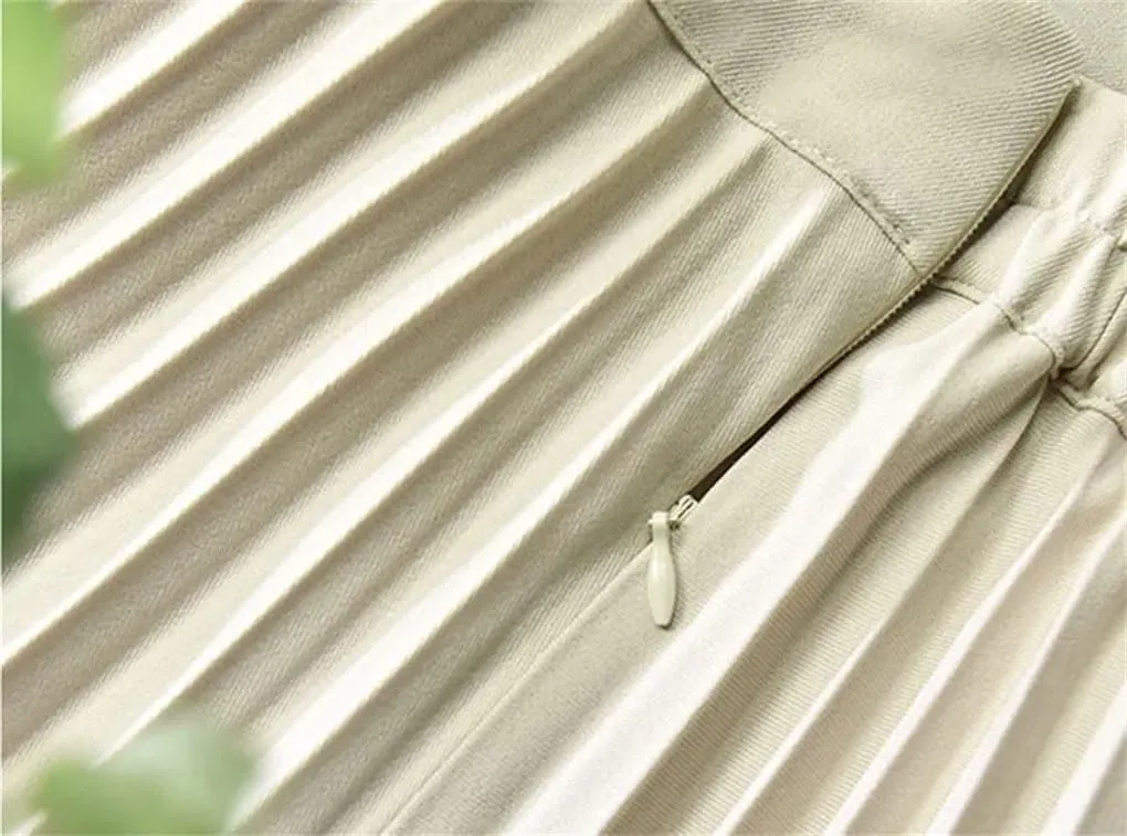 Women Spring Autumn Solid Pleated Skirt High Waist Luxury Weekend Skirts with Elastic Female Beach Skirts