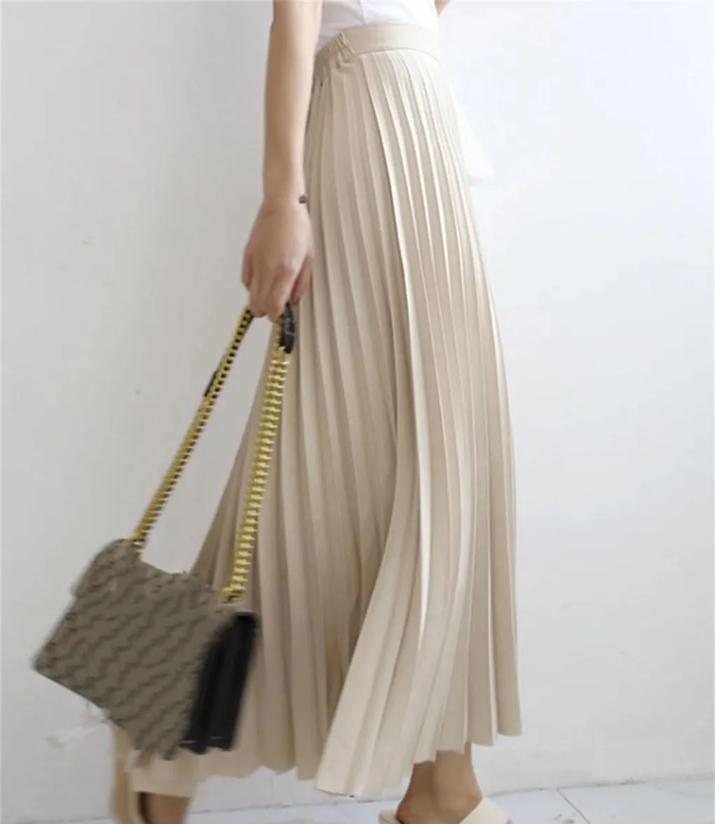 Women Spring Autumn Solid Pleated Skirt High Waist Luxury Weekend Skirts with Elastic Female Beach Skirts