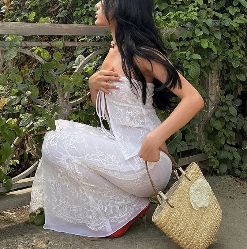 Women Y2K Vintage Lace Maxi Skirt Set Summer 2 Piece Outfits Strapless Split Tube Top and Maxi Skirt Set