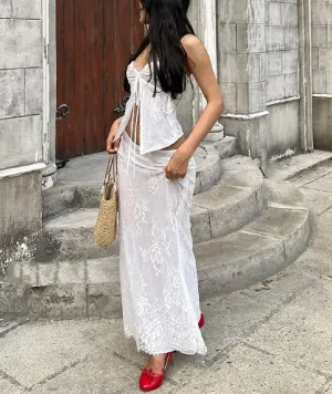 Women Y2K Vintage Lace Maxi Skirt Set Summer 2 Piece Outfits Strapless Split Tube Top and Maxi Skirt Set