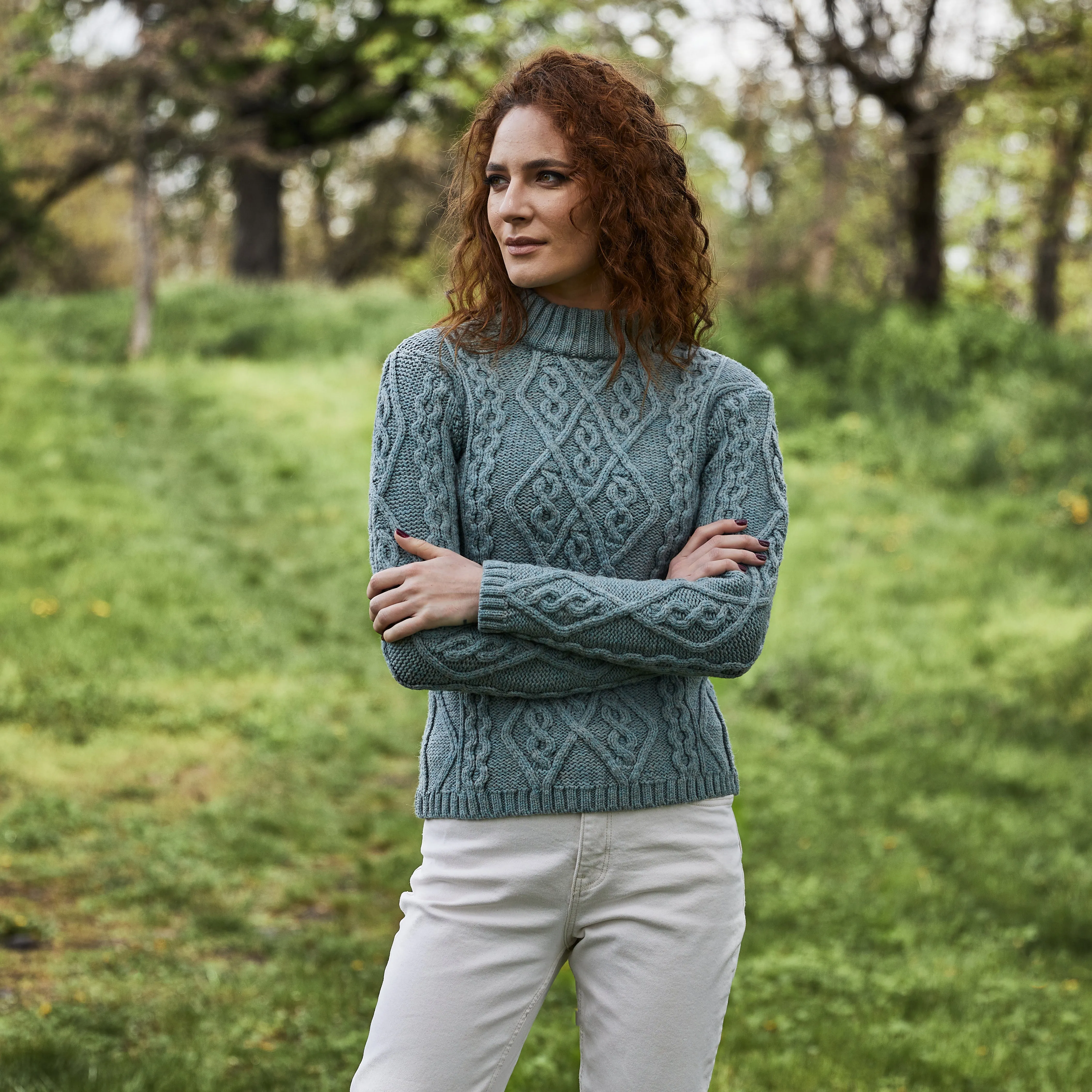 Women's Aran Cable Knit Sweater, Skylight