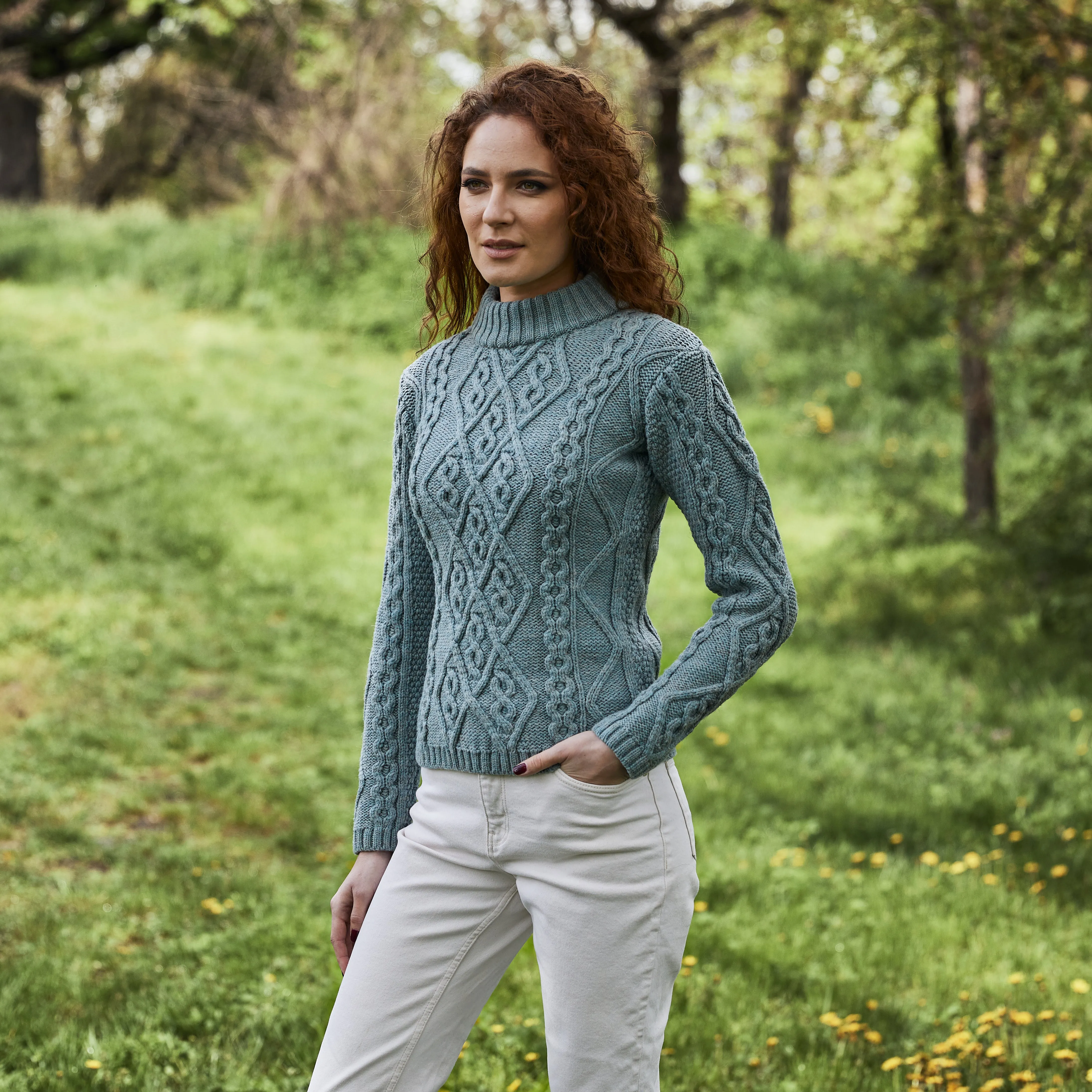 Women's Aran Cable Knit Sweater, Skylight