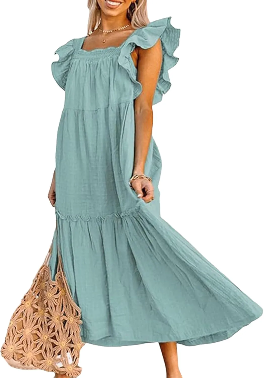 Womens Babydoll Maxi Dress Ruffle Cap Short Sleeve Dresses Tiered Pleated Swing Flowy Long Sundress Summer Outfits